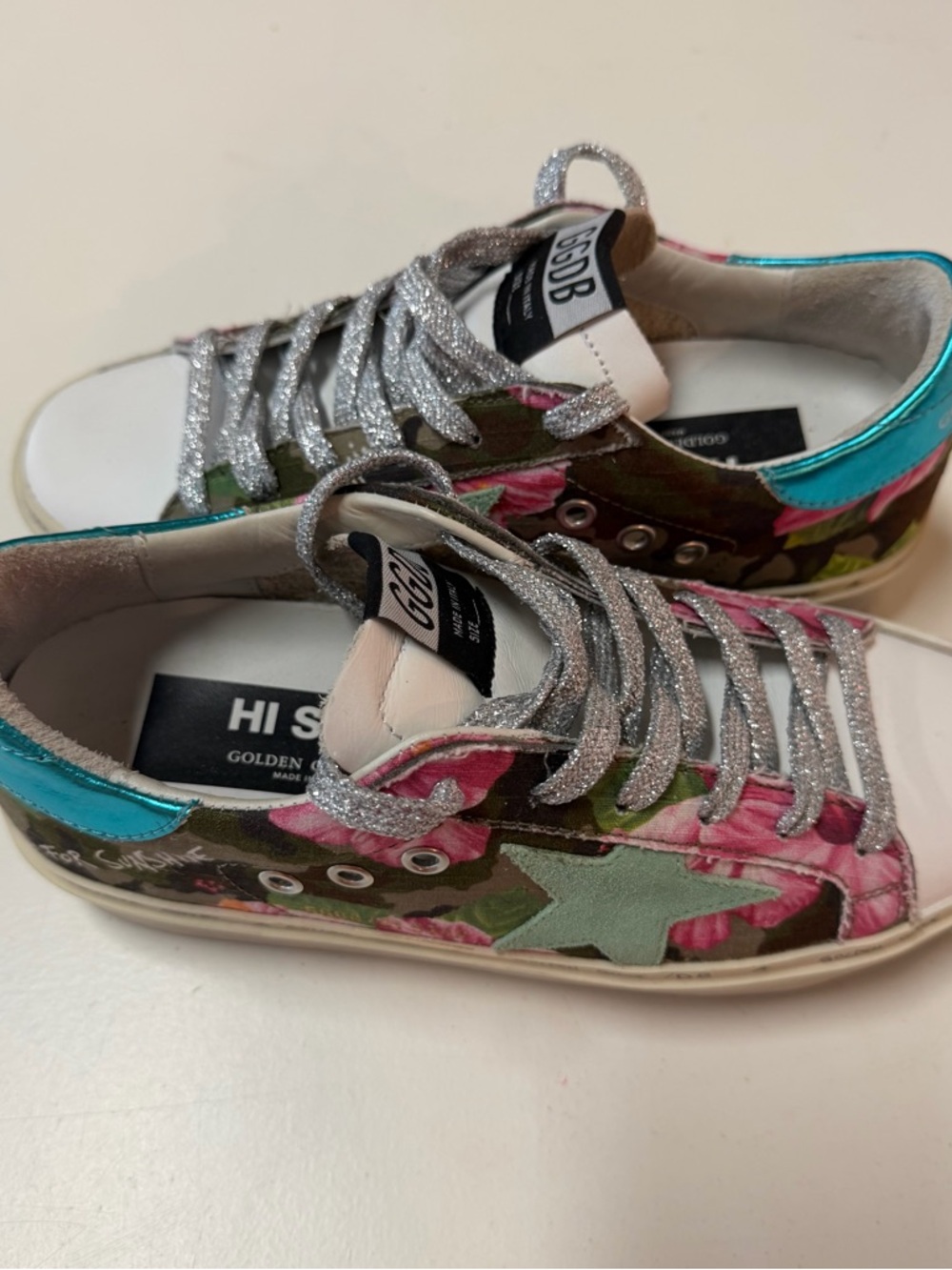 Golden Goose women’s  Hi Star Floral Sneakers in Pink, Teal & Silver